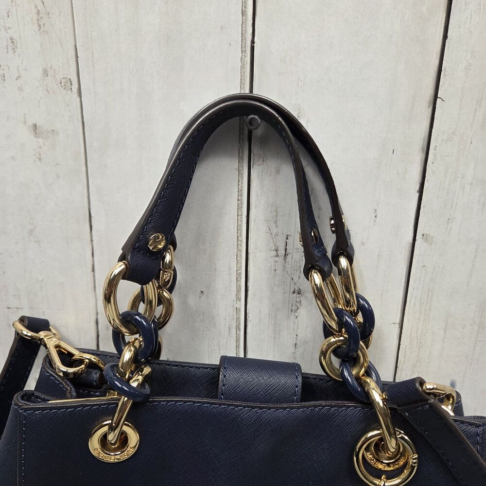 Michael Kors Saffiano Leather Cynthia Convertible Satchel Bag Small Navy Blue - Picture 3 of 16